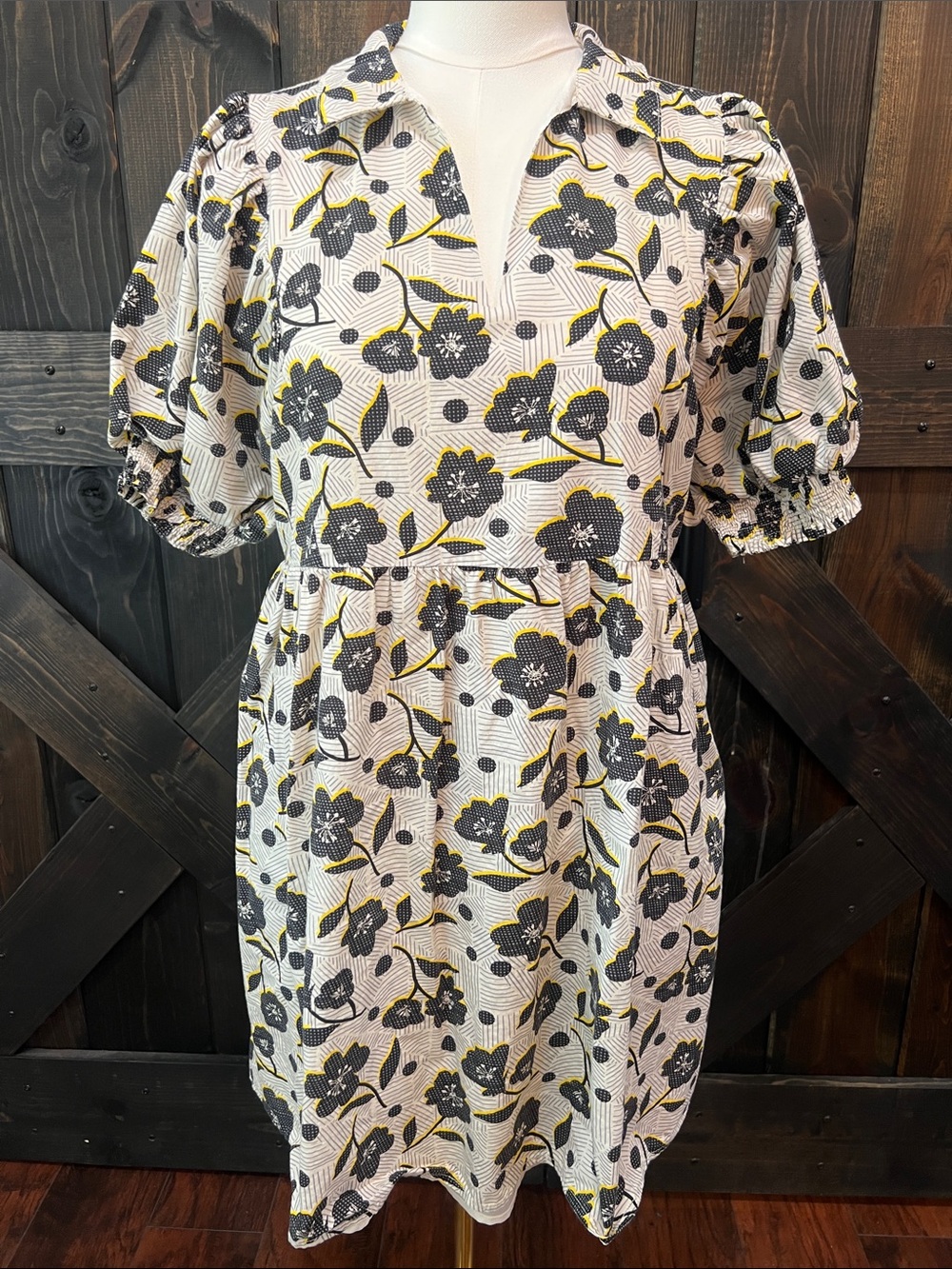 THML White Floral Mini Dress with Black and Yellow Accents